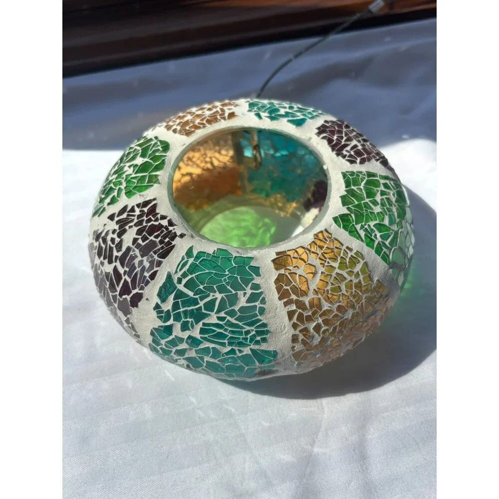 Mosaic Glass Hanging Bird Feeder With Multicolor Design For Outdoor Garden Decor